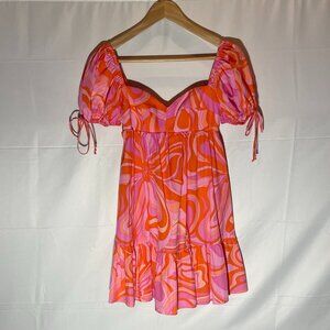 OLIVACEOUS Women's Puff Sleeve Mini Sundress Size SM Pink/Orange Pattern
